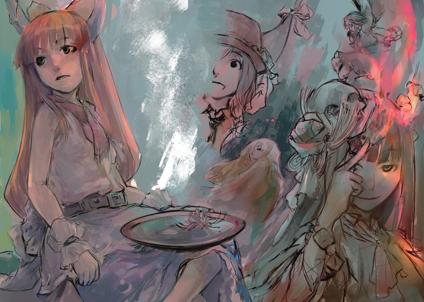 hiroyo, horns, ibuki_suika, maribel_han, maribel_hearn, sakazuki, sake, shameimaru_aya