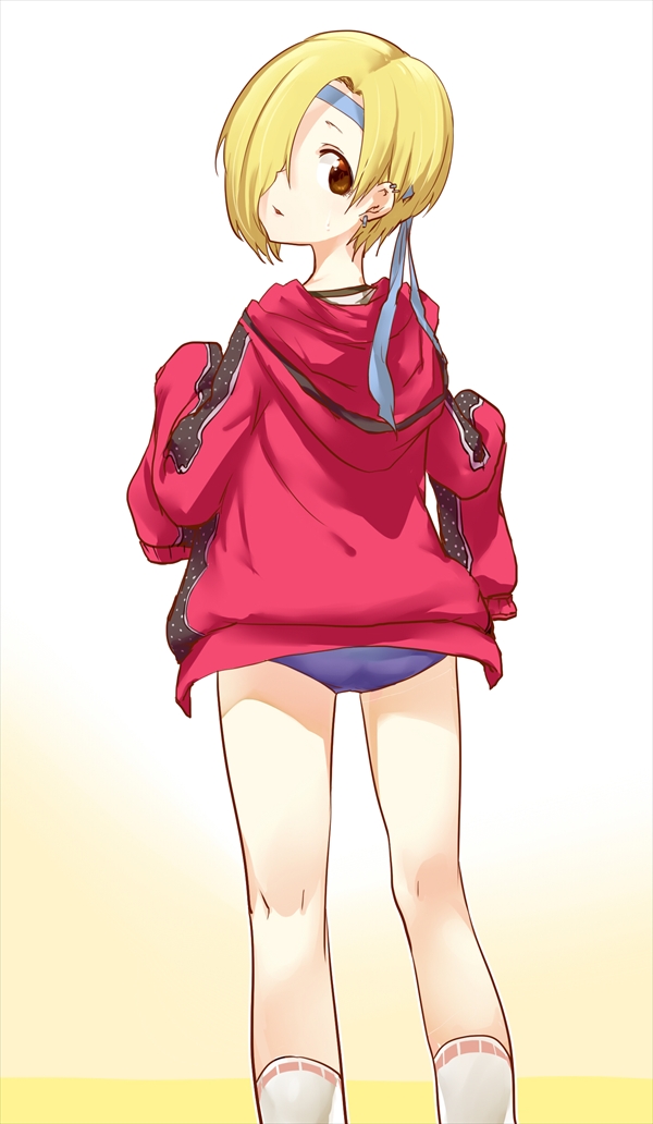 1girl, ao_(aocooler), ass, bags_under_eyes, blonde_hair, blush, brown_eyes, buruma