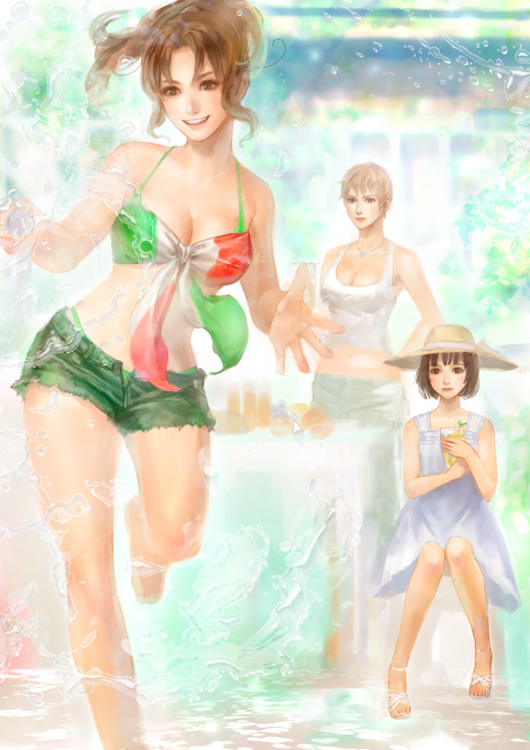 3girls, ahoge, axis_powers_hetalia, bikini, black_eyes, black_hair, blonde_hair, blue_eyes