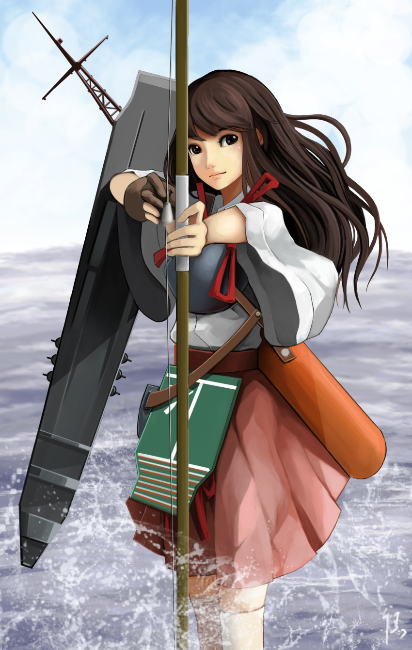 1girl, absurdres, aiming_at_viewer, akagi_(kantai_collection), arrow, bow_(weapon), brown_eyes, brown_hair