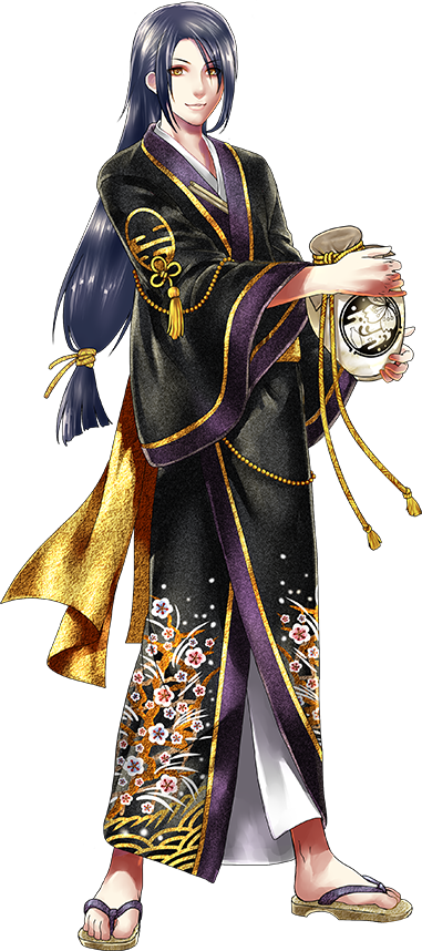 1boy, alternate_costume, androgynous, full_body, japanese_clothes, jirou_tachi, kimono, long_hair, low-tied_long_hair, male_focus, no_socks, official_art, sandals, simple_background, solo, standing, tomida_tomomi, touken_ranbu, transparent_background, yellow_eyes