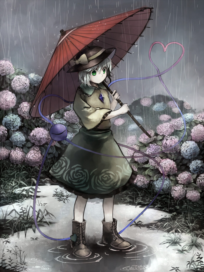 1girl, aqua_hair, blouse, boots, cross-laced_footwear, floral_print, flower, grass