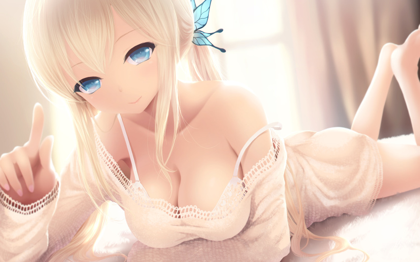 1girl, barefoot, blonde_hair, blue_eyes, blush, boku_wa_tomodachi_ga_sukunai, bra, breasts