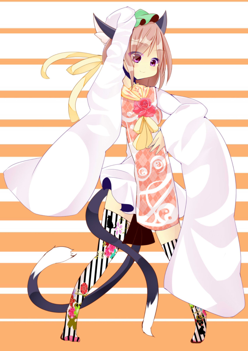 1girl, alternate_costume, animal_ears, argyle, arm_above_head, ascot, bakeneko, brown_hair, cat_ears, cat_tail, chen, dress, floral_print, flower, green_hat, hair_ribbon, highres, konbukonnukko, light_smile, looking_at_viewer, mob_cap, multiple_tails, no_shoes, red_rose, ribbon, rose, short_hair, sleeves_past_wrists, smile, solo, striped, striped_background, striped_legwear, tabard, tail, thigh-highs, tiptoes, touhou, two_tails, violet_eyes, white_clothes, yin_yang