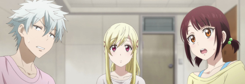 1boy, 2girls, :o, bangs, blonde_hair, blunt_bangs, blurry, ceiling