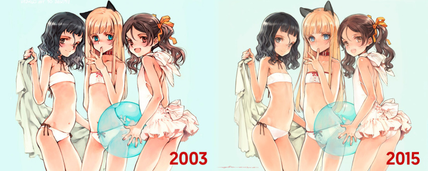 3girls, ass, bikini, black_hair, blonde_hair, blue_eyes, blush, brown_hair, child, collar, ema_(shirotsume_souwa), flat_chest, highres, long_hair, midriff, multiple_girls, navel, ooyari_ashito, revision, ribbon, sayu_(shirotsume_souwa), shirotsume_souwa, short_hair, swimsuit, touka_(shirotsume_souwa), twintails