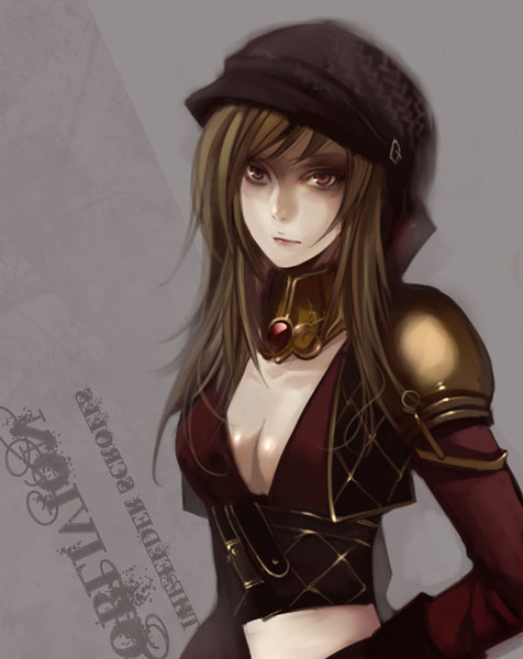 bad_id, breasts, brown_hair, choker, cleavage, gem, gems, gloves