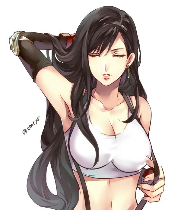 1girl, arm_up, armpits, bangs, breasts, brown_hair, cleavage, closed_eyes