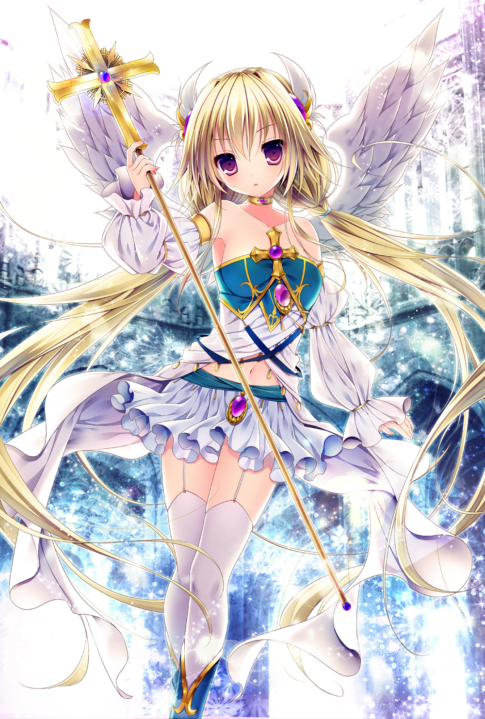 angel, blonde_hair, breasts, detached_sleeves, dress, garter_straps, highres, long_hair