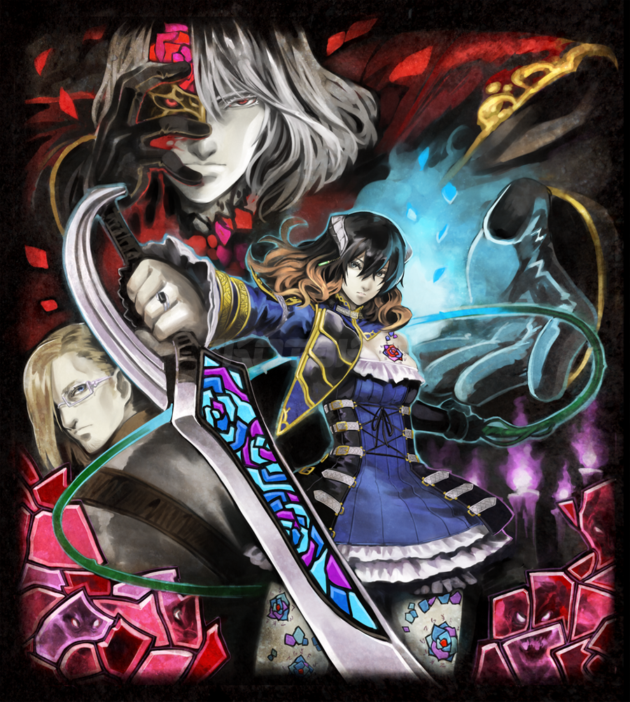 1girl, 2boys, black_hair, blonde_hair, bloodstained:_ritual_of_the_night, blue_eyes, brown_hair, detached_sleeves