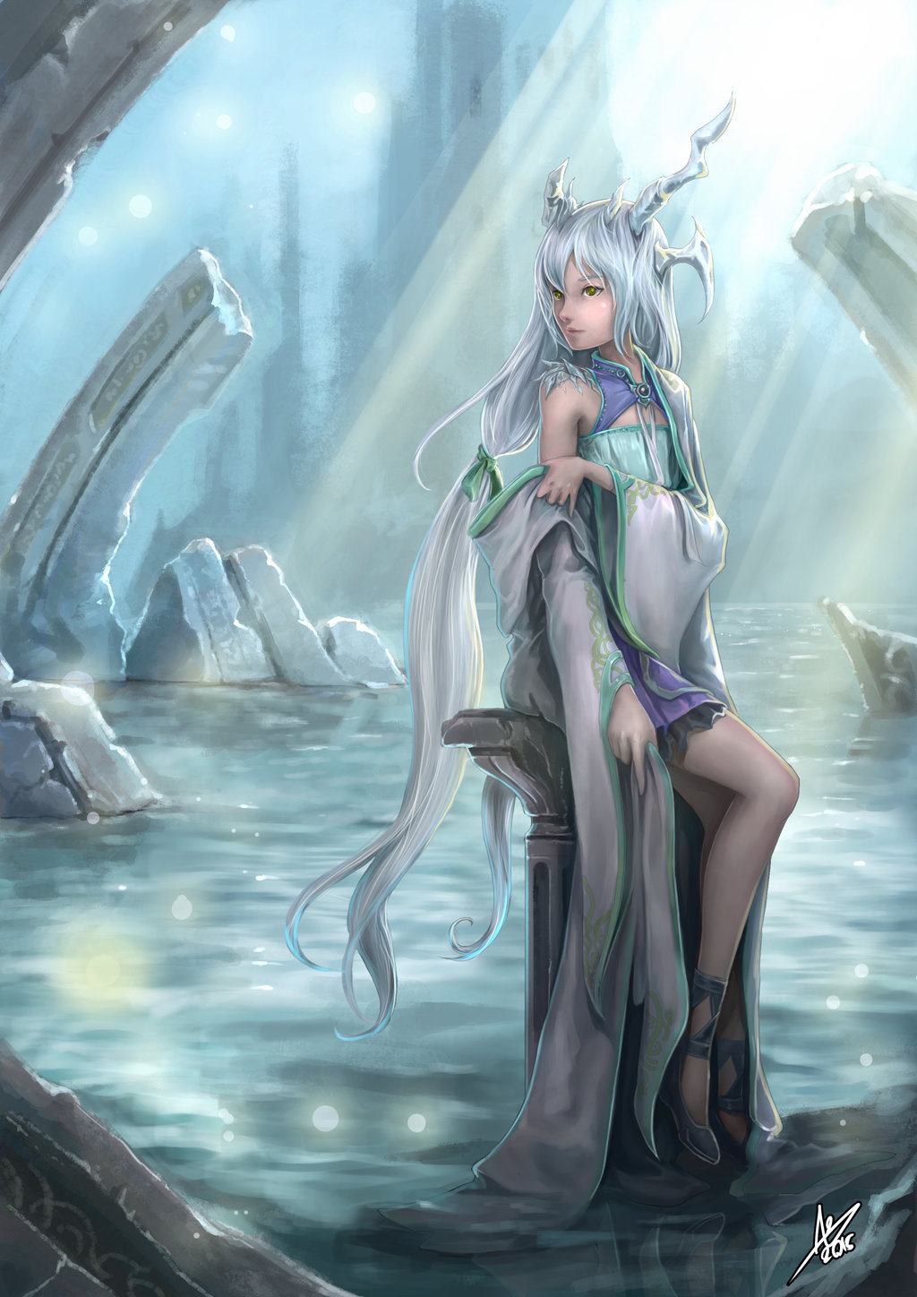 1girl, 2015, borrowed_character, cecilia_(acerailgun), flat_chest, highres, horns, long_hair