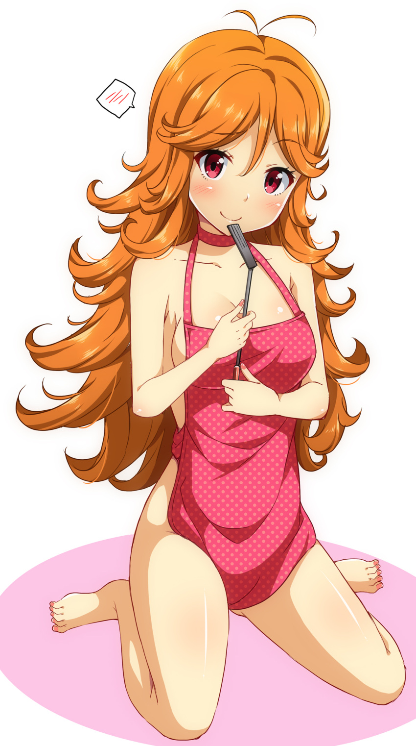 1girl, apron, blush, breasts, cleavage, highres, long_hair, looking_at_viewer