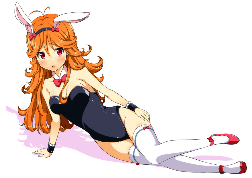 1girl, animal_ears, blush, breasts, bunnysuit, cleavage, detached_collar, long_hair