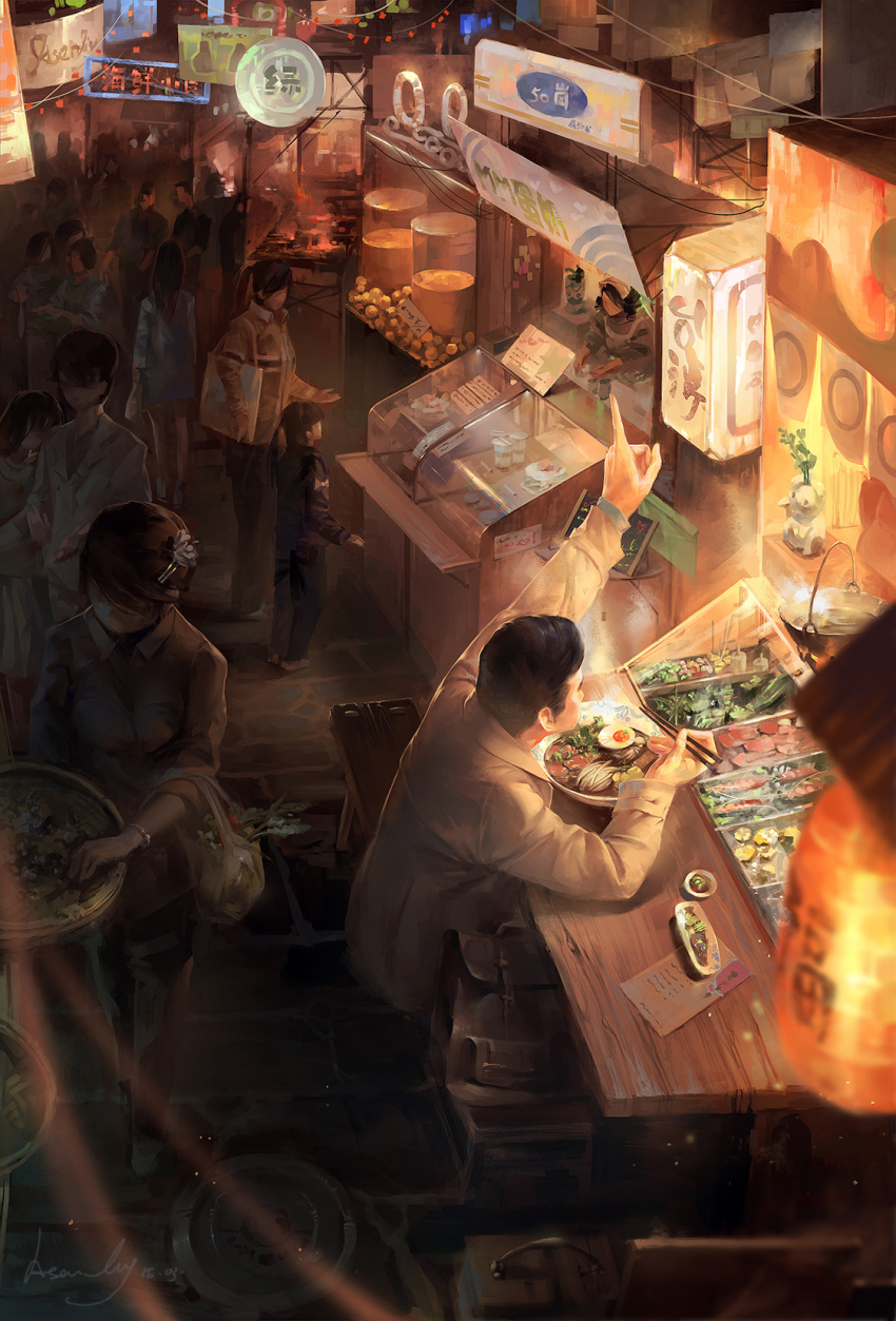4boys, 6+girls, a-shacho, arm_up, bag, bench, black_hair, blurry, bowl, briefcase, chopsticks, city, dark, depth_of_field, food, hair_ornament, hairclip, head_on_shoulder, highres, lantern, lights, multiple_boys, multiple_girls, night, no_eyes, noodles, original, paper_lantern, plastic_bag, ramen, restaurant, scenery, shop, short_hair, sign, signature, sitting, vanishing_point