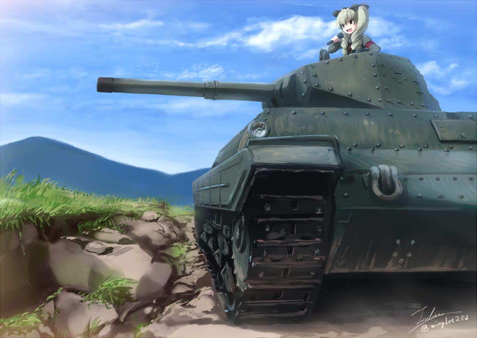 1girl, anchovy, bow, carro_armato_p40, caterpillar_tracks, chipika, clouds, drill_hair