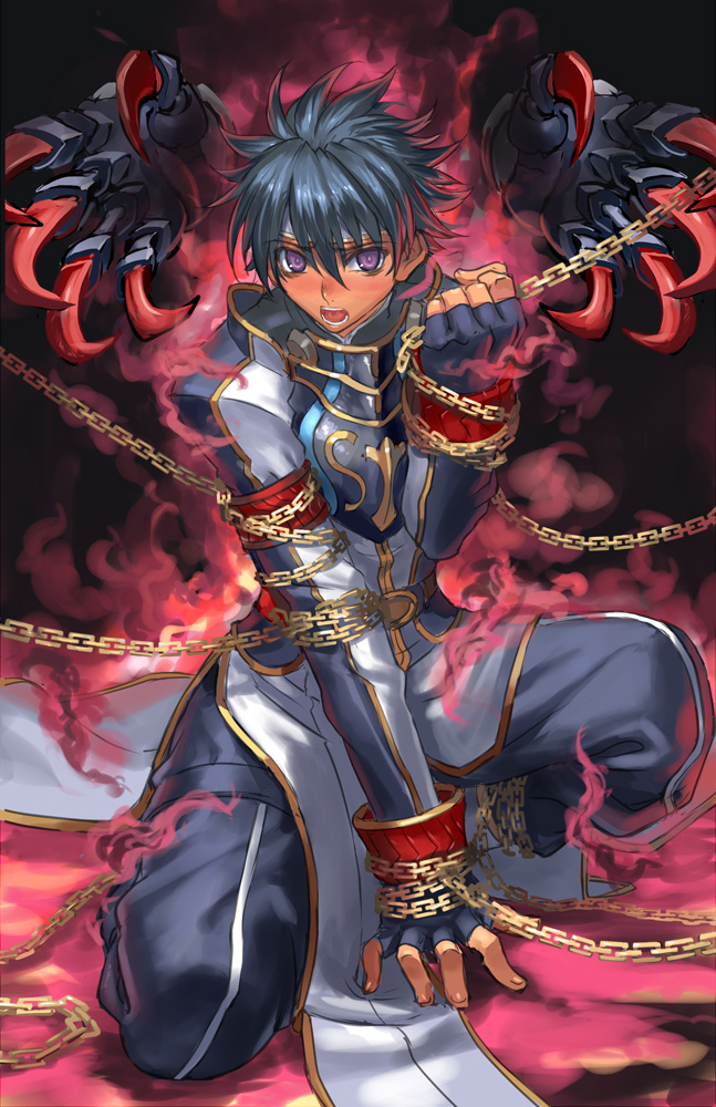 armor, black_hair, chain, chains, character_request, claws, fingerless_gloves, gloves, headband, magic, male, maxi_(shinrabanshou), open_mouth, purple_eyes, ran'ou_(tamago_no_kimi), ranou, shinrabansho, shinrabanshou, short_hair, solo, spiked_hair, spiky_hair, uniform, violet_eyes