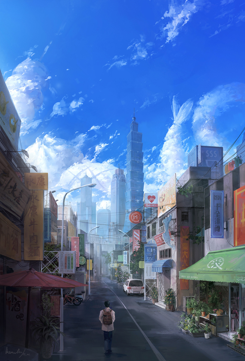 1boy, a-shacho, city, clouds, highres, original, road, solo, street, taipei_101