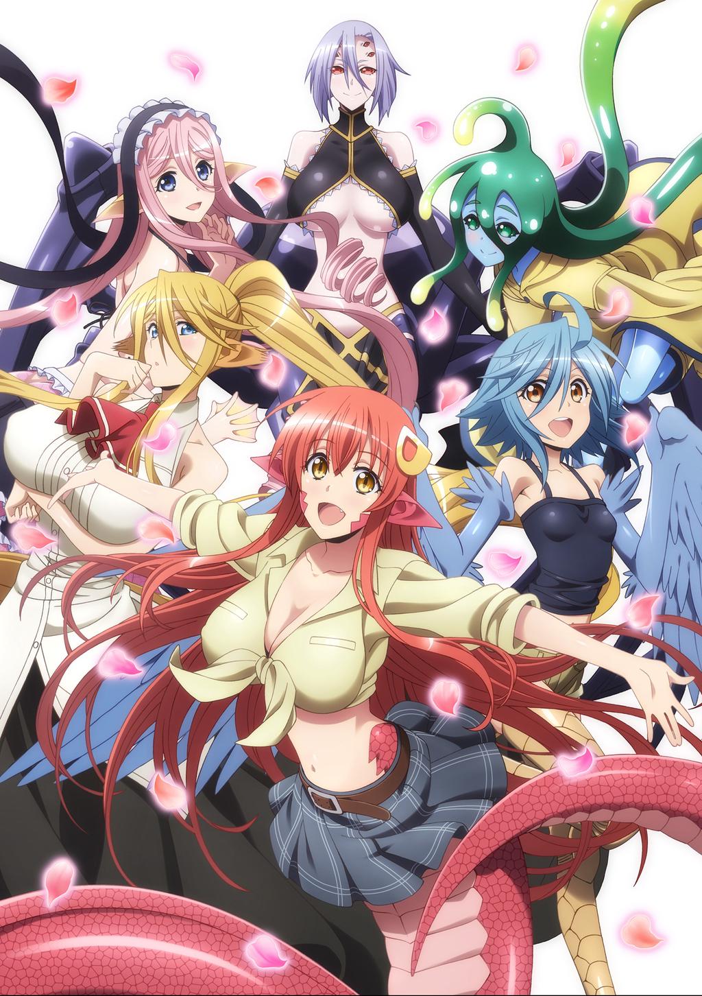 6+girls, :d, ahoge, animal_ears, arachne, blonde_hair, blue_hair, blue_skin