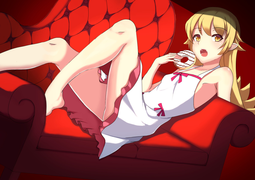 1girl, barefoot, blonde_hair, couch, doughnut, dress, food, legs, long_hair, monogatari_(series), nisemonogatari, open_mouth, oshino_shinobu, pointy_ears, solo, vblue, white_dress, yellow_eyes
