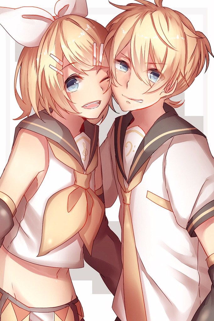 1boy, 1girl, arm_warmers, bass_clef, blonde_hair, blue_eyes, brother_and_sister, cheek-to-cheek, crop_top, hair_ornament, hair_ribbon, hairclip, kagamine_len, kagamine_rin, looking_at_viewer, midriff, nashiyama_mikio, navel, necktie, one_eye_closed, puffy_short_sleeves, puffy_sleeves, ribbon, sailor_collar, short_hair, short_sleeves, siblings, sleeveless, smile, treble_clef, twins, vocaloid