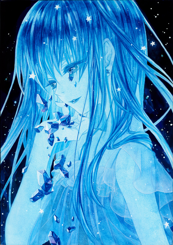 1girl, acrylic_paint_(medium), bangs, blue, crying, crying_with_eyes_open, crystal, earrings, eyelashes, jewelry, kazchiko, long_hair, original, see-through, smile, solo, star, star_earrings, tears, traditional_media, upper_body, watercolor_(medium)