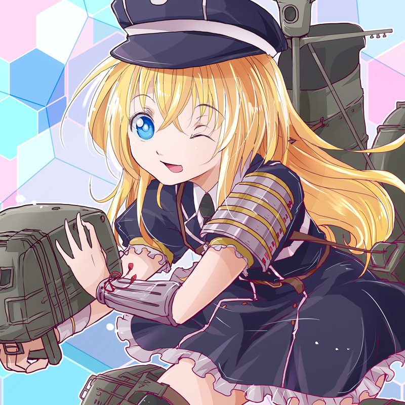 1boy, belt, blonde_hair, blue_eyes, bracer, cannon, cosplay, costume_switch