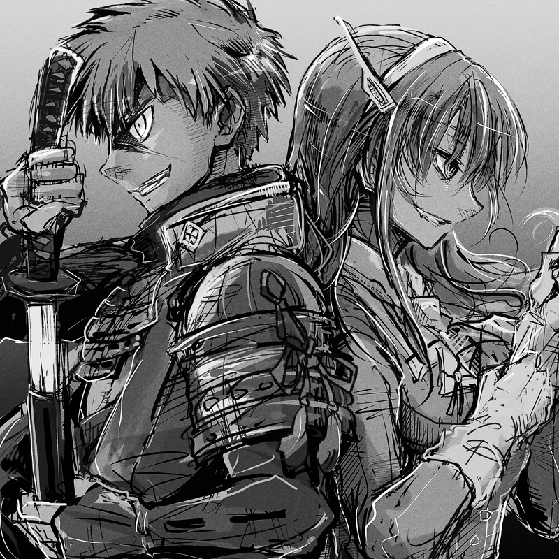 1boy, 1girl, ashigara_(kantai_collection), back-to-back, doutanuki_masakuni, fudeyama_(fudeco), gloves, grin, hairband, kantai_collection, katana, monochrome, scar, smile, sode, sword, touken_ranbu, weapon