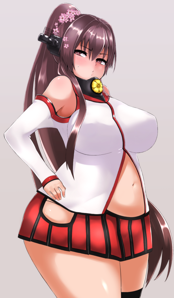1girl, bare_shoulders, belly, blush, breasts, brown_hair, cutout, fat