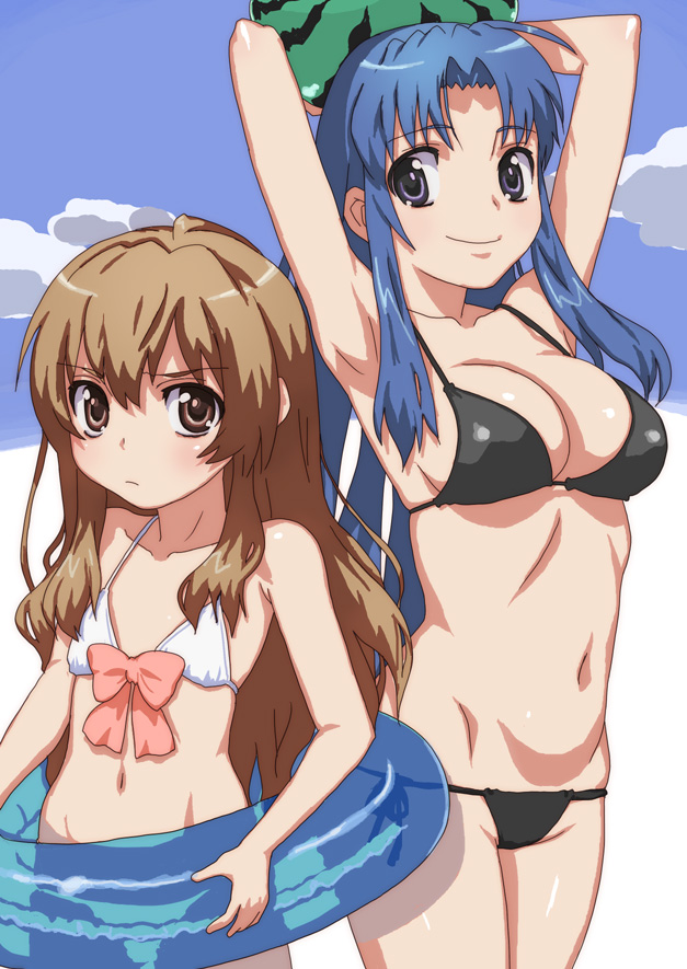 aisaka_taiga, armpits, arms_up, bikini, blue_hair, blush, breasts, brown_eyes, brown_hair, cleavage, flat_chest, food, fruit, hirose_(mokiki), innertube, kawashima_ami, long_hair, purple_eyes, swimsuit, toradora!, violet_eyes, watermelon