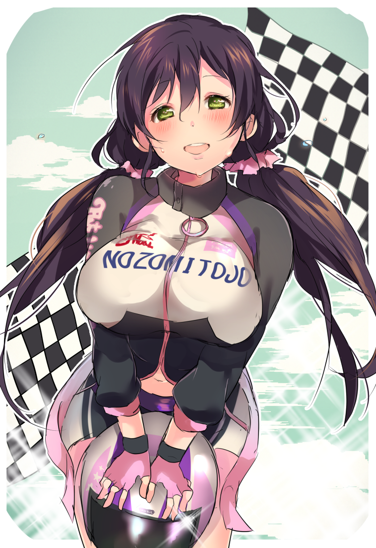 1girl, breasts, checkered, checkered_flag, green_eyes, helmet, huge_breasts, long_hair