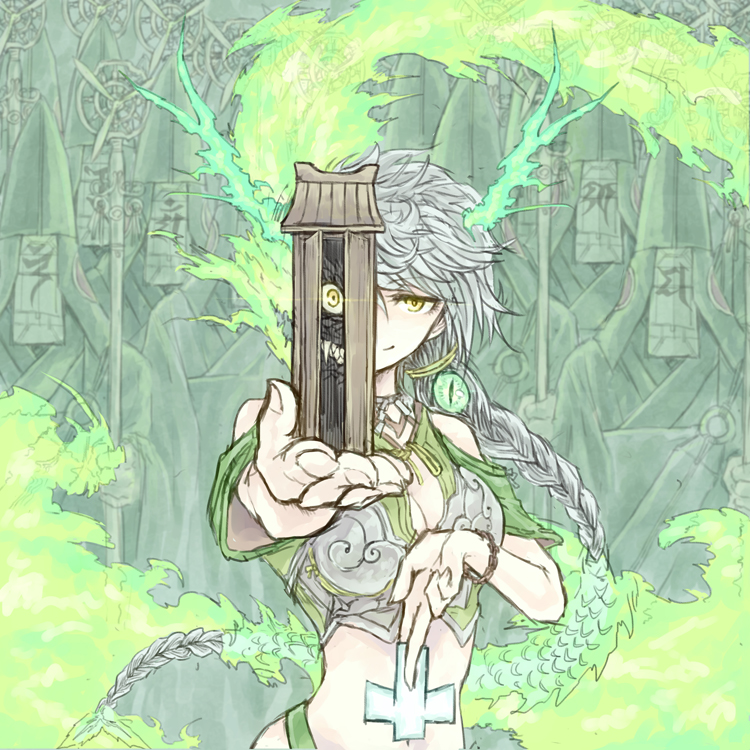 1girl, antlers, asymmetrical_hair, aura, blurry, braid, breasts, cleavage_cutout