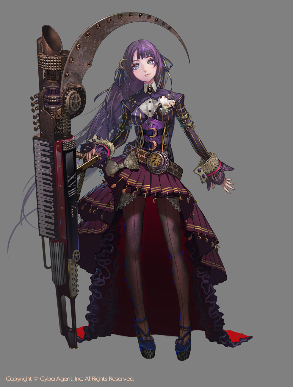 1girl, belt, clock, crescent_hair_ornament, dress, full_body, grey_background, hair_ornament