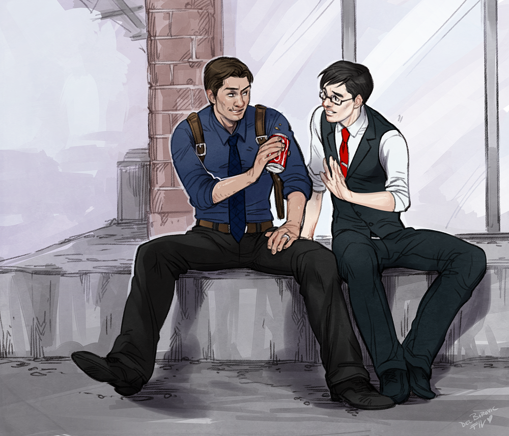 2boys, brown_hair, coca-cola, deltastic, glasses, joseph_oda, multiple_boys, necktie, sebastian_castellanos, suspenders, the_evil_within