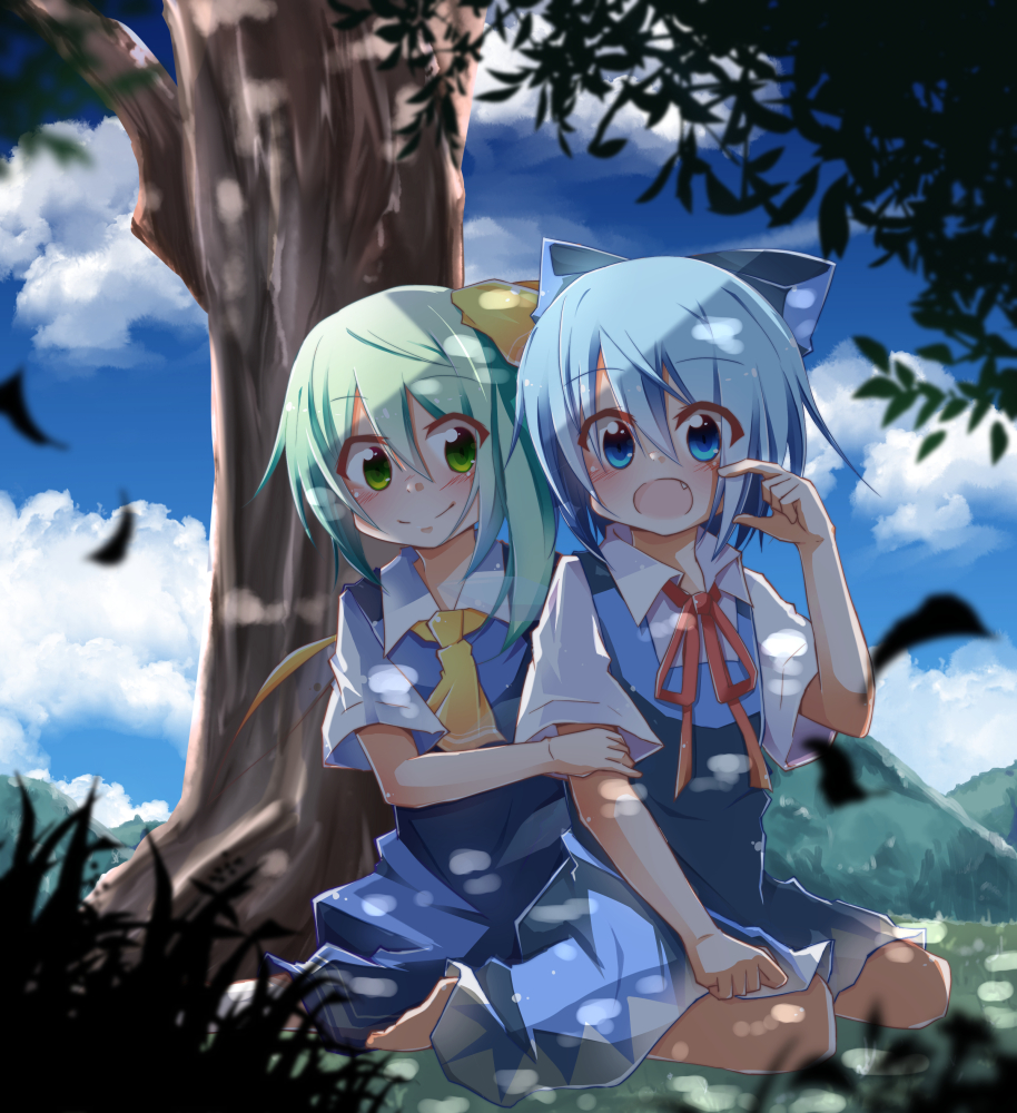 2girls, ascot, barefoot, blue_dress, blue_eyes, blue_hair, blue_sky, bow