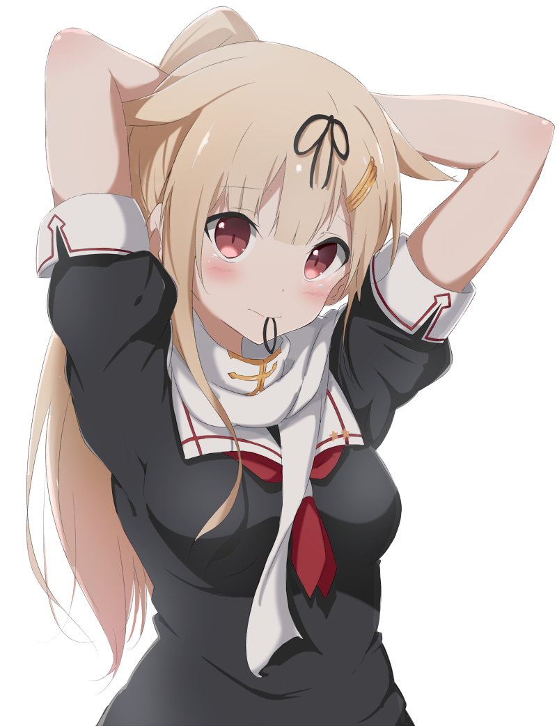 1girl, adjusting_hair, black_ribbon, black_serafuku, blonde_hair, commentary_request, hair_flaps, hair_ornament, hair_ribbon, hairclip, kantai_collection, koutya, long_hair, neckerchief, remodel_(kantai_collection), ribbon, scarf, school_uniform, serafuku, short_sleeves, simple_background, solo, tying_hair, white_background, white_scarf, yuudachi_(kantai_collection)