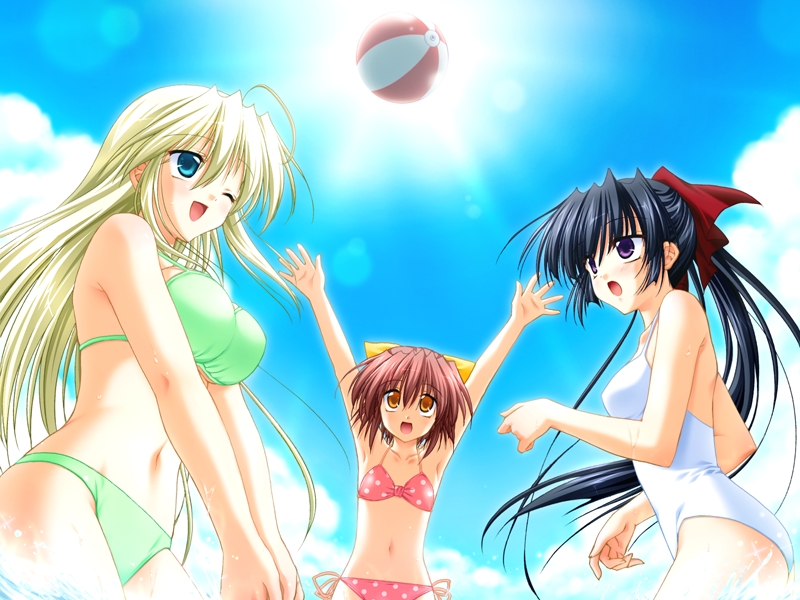 \o/, arms_up, asaba_yuu, ball, beachball, bikini, black_hair, blonde_hair, breasts, brown_hair, cloud, flat_chest, game_cg, green_eyes, hanamori_hinata, kimi_to_koishite_musubarete, large_breasts, lens_flare, multiple_girls, one-piece, one-piece_swimsuit, orange_eyes, outstretched_arms, polka_dot, polka_dot_bikini, polka_dot_swimsuit, ponytail, purple_eyes, short_hair, sky, sora_kirishima, swimsuit, violet_eyes, wink, yanagi_nao