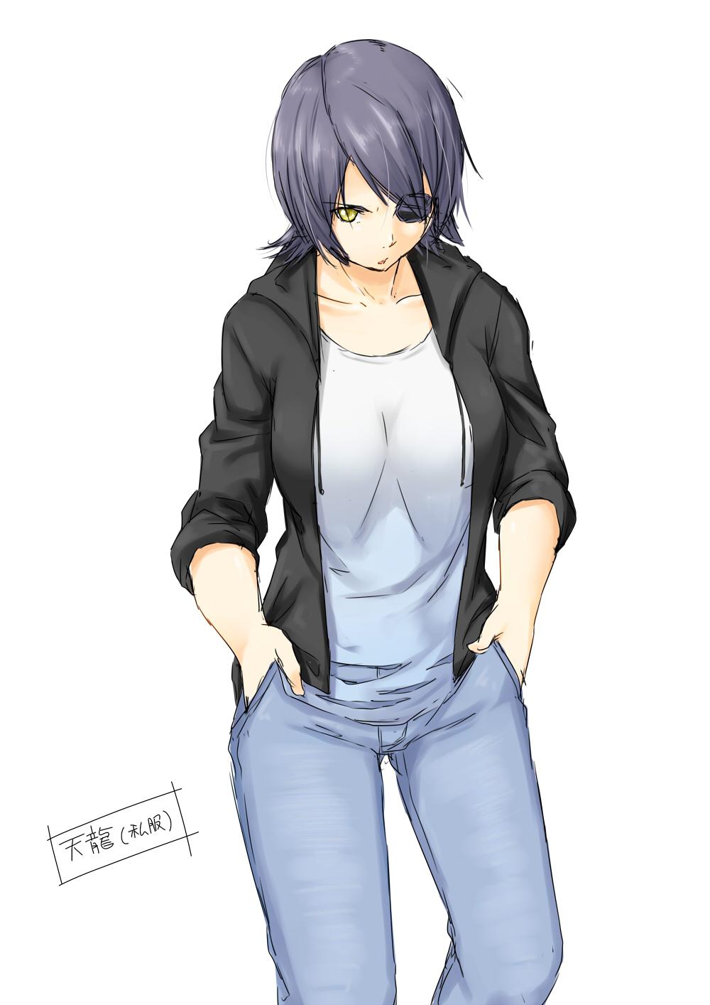 1girl, casual, denim, eyepatch, hands_in_pockets, highres, jeans, kantai_collection