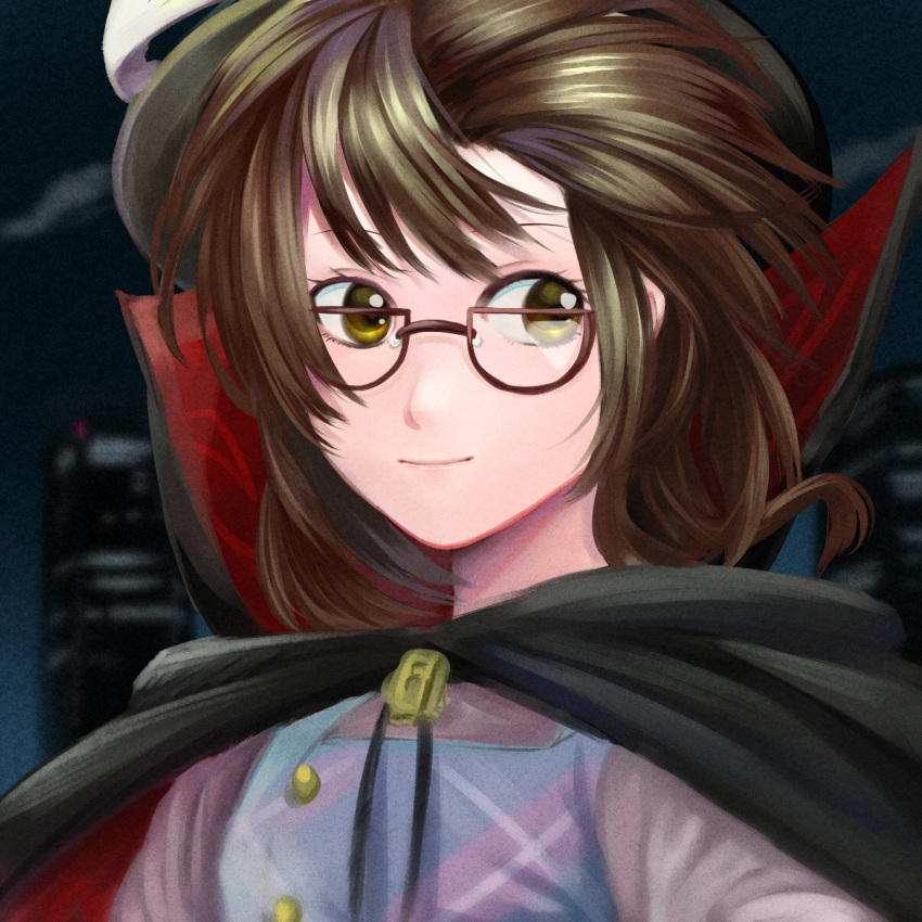 1girl, brown_hair, cape, glasses, hat, highres, nanai07, short_hair
