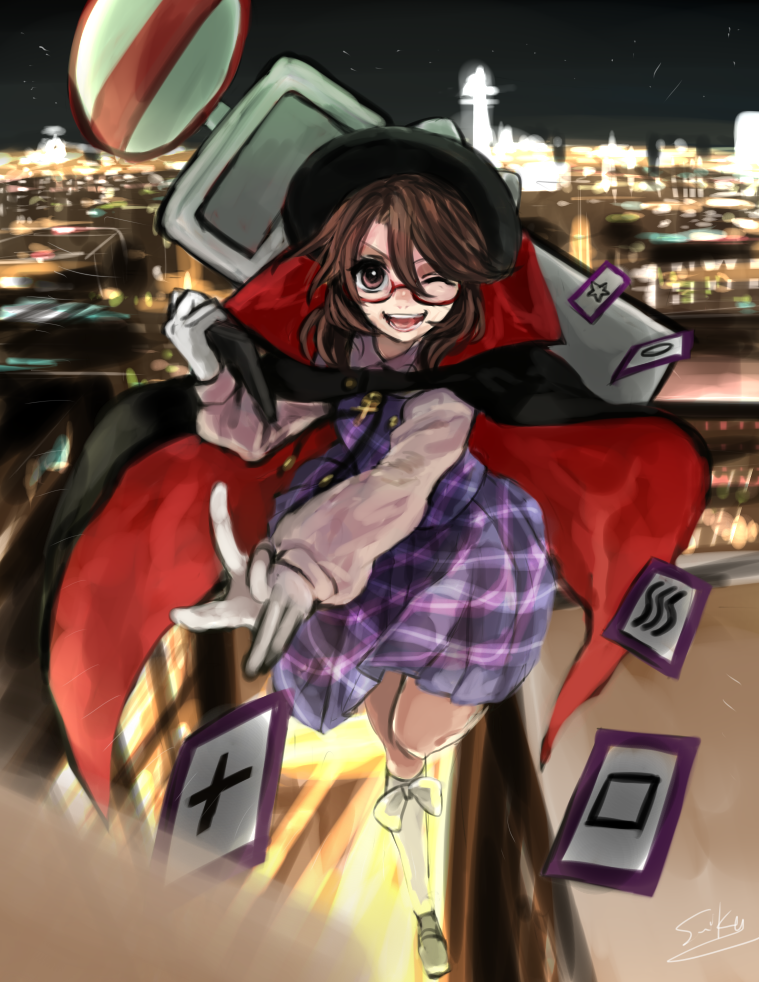 1girl, :d, ;d, brown_eyes, brown_hair, cape, card, city