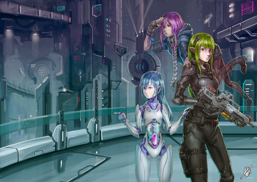 2015, 3girls, alpha_(acerailgun), android, armor, assault_rifle, blue_hair, borrowed_character
