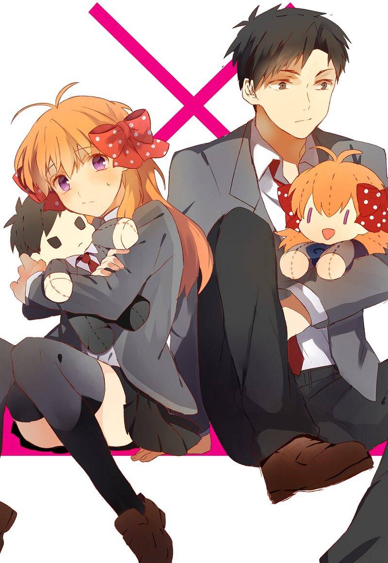 1boy, 1girl, black_eyes, black_hair, bow, character_doll, gekkan_shoujo_nozaki-kun, kuriiro_benishi
