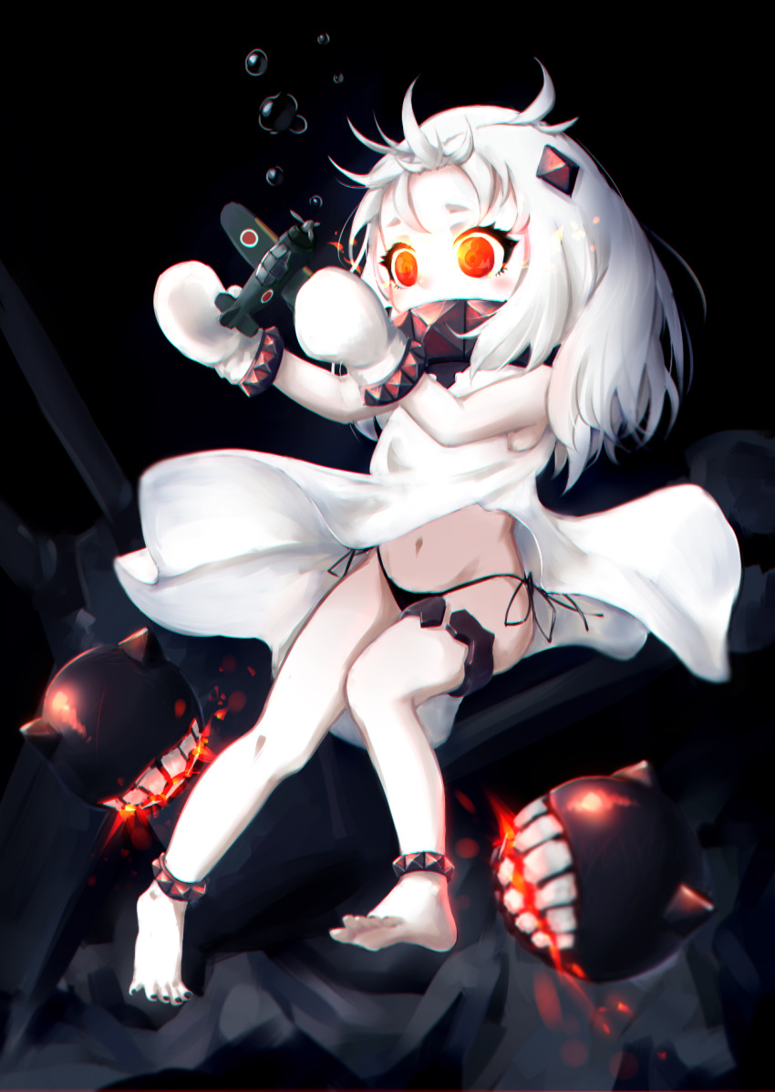 1girl, ahoge, airplane, bare_legs, barefoot, black_panties, blurry, covered_mouth