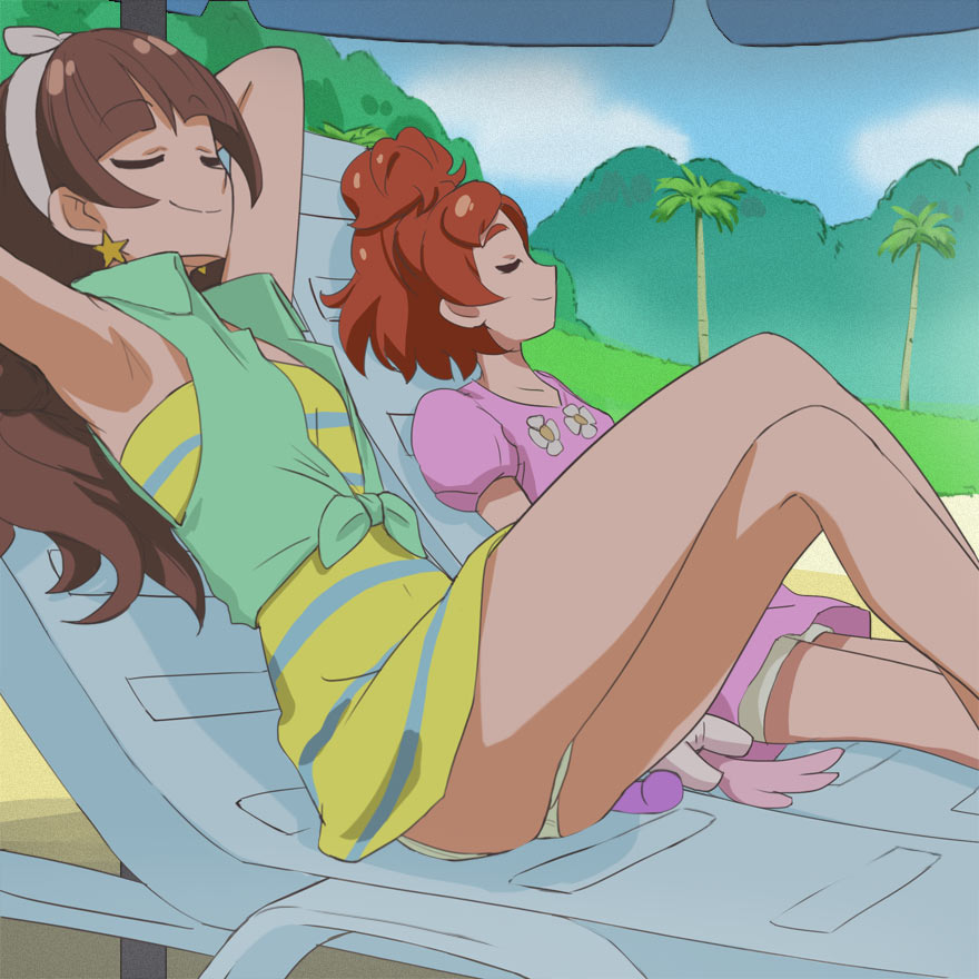 2girls, amanogawa_kirara, armpits, aroma_(go!_princess_precure), beach, brown_hair, closed_eyes, crossed_legs