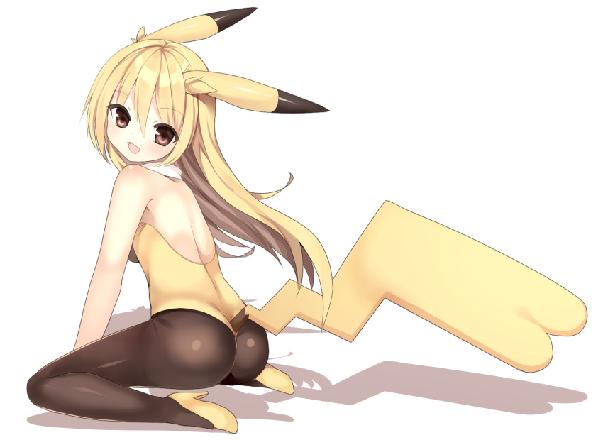 1girl, ass, bare_shoulders, black_legwear, blonde_hair, blush, brown_eyes, from_behind