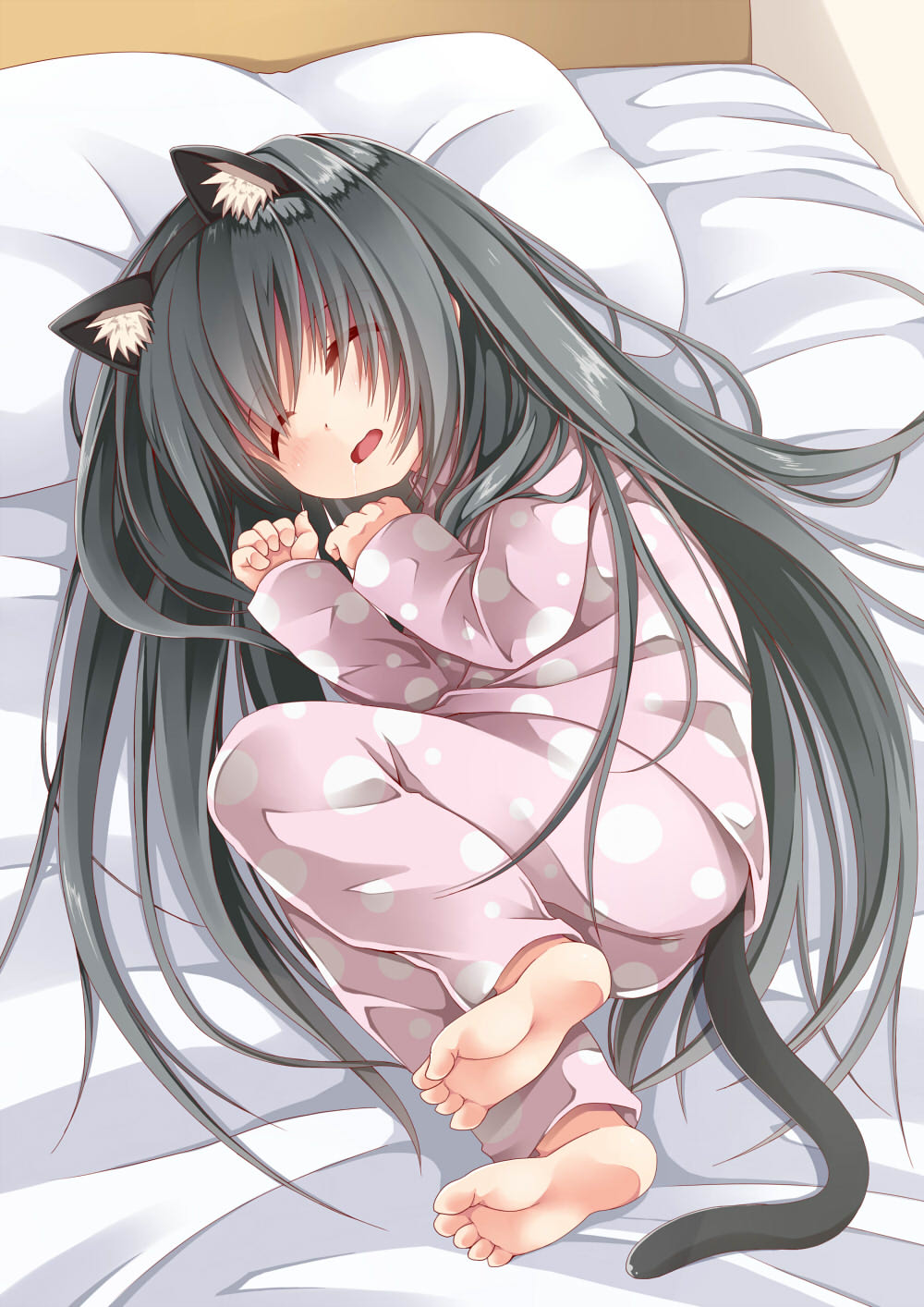 animal_ears, barefoot, bed, black_hair, cat_ears, child, creek_(moon-sky), drooling