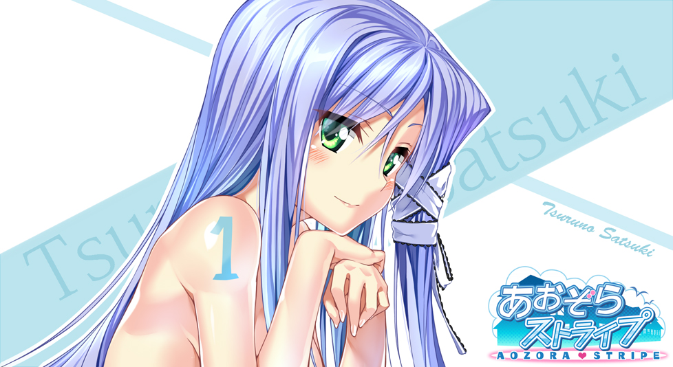 1girl, aozora_stripe, blue_hair, blush, body_writing, character_name, chin_rest, copyright_name