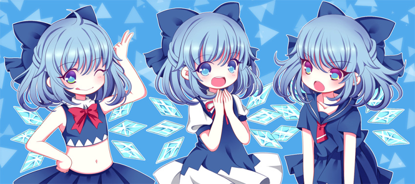 1girl, alternate_costume, ascot, blue_eyes, blue_hair, bow, cheerleader, cirno