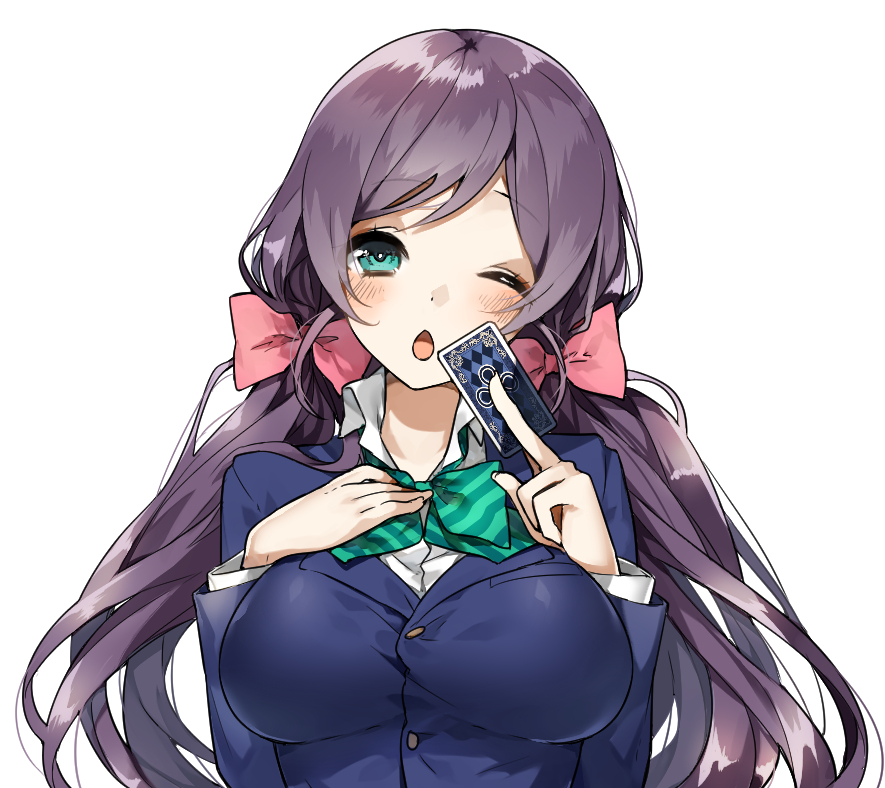 1girl, aqua_eyes, blush, breasts, chestnut_mouth, hair_ribbon, large_breasts, long_hair