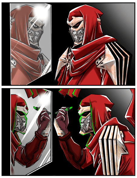 1boy, 2koma, comic, fujikido_kenji, male_focus, marker, mask, mirror