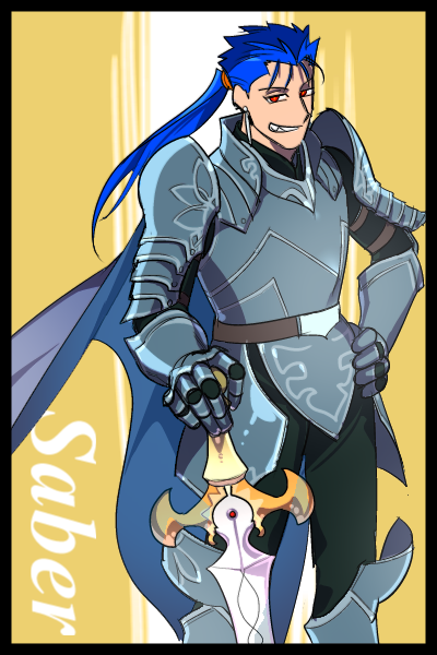 1boy, armor, blue_hair, fate/stay_night, fate_(series), lancer, o-rui, planted_sword